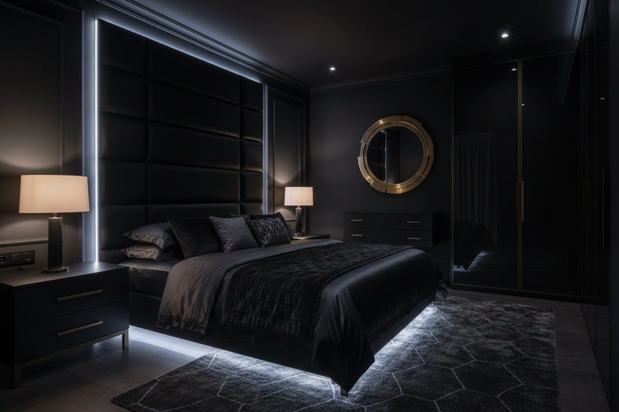 can you create me an image of a dark modern bedroom with accents of blacks to create a stylish feel with LEDs and Lamps